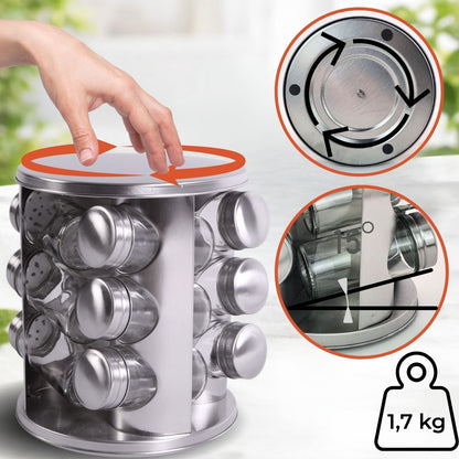 Gewürzständer Set mit 12 Gewürzgläsern aus Edelstahl– Gewürzregal rund 360° drehbar – inkl. Verpackung