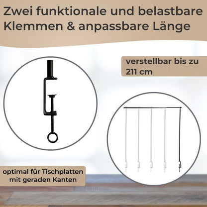 Premium decorative table frame, metal, black - extendable table decoration rod 117–211 cm – adjustable metal frame with clamp – table frame for tables with straight edges