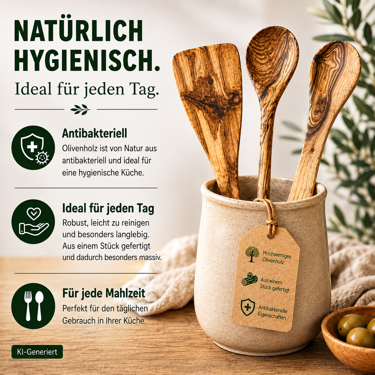 3-piece cooking utensil set: 2 cooking spoons, 1 spatula, olive wood, robust kitchen helpers