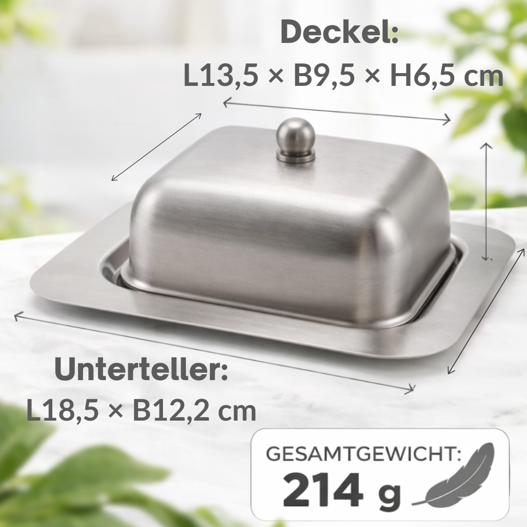 Stainless steel butter dish, matte finish, lid, butter dome, dishwasher safe, butter container 