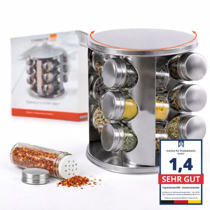 Gewürzständer Set mit 12 Gewürzgläsern aus Edelstahl– Gewürzregal rund 360° drehbar – inkl. Verpackung