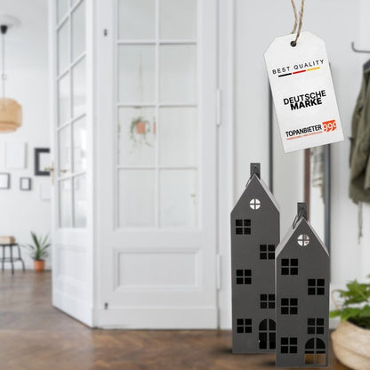 Premium 2er Set Laterne Haus XXL Metall in schwarz H66-96 cm groß/ 2tlg Deko Windlicht mit Henkel- Indoor & Outdoor- Lichtdeko für Kerzen & LED- Lichthaus für Haustür, Terrasse, Garten