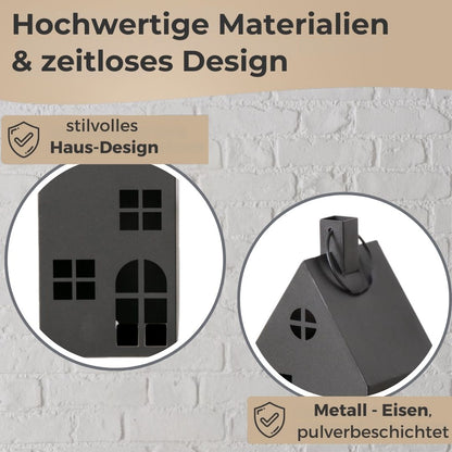 Premium 2er Set Laterne Haus XXL Metall in schwarz H66-96 cm groß/ 2tlg Deko Windlicht mit Henkel- Indoor & Outdoor- Lichtdeko für Kerzen & LED- Lichthaus für Haustür, Terrasse, Garten