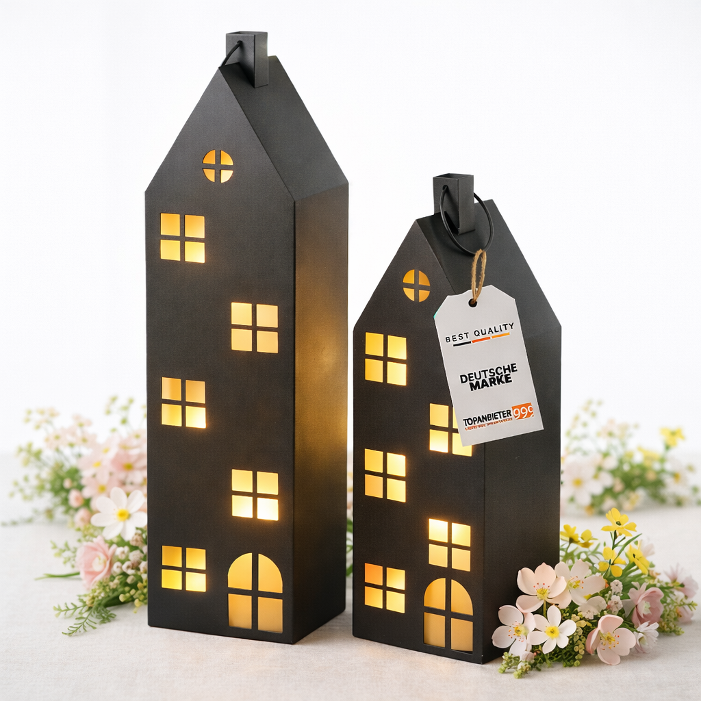 Laterne Haus XXL 2er-Set Dekoaufsteller Metall schwarz Lichthaus groß H66-96 cm