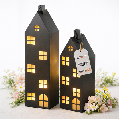 Laterne Haus XXL 2er-Set Dekoaufsteller Metall schwarz Lichthaus groß H66-96 cm