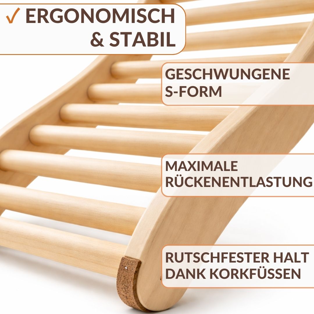 Sauna Rückenlehne Linden S-Form ergonomisch rutschfese Korkstopper Rückenstütze