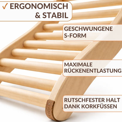 Sauna Rückenlehne Linden S-Form ergonomisch rutschfese Korkstopper Rückenstütze