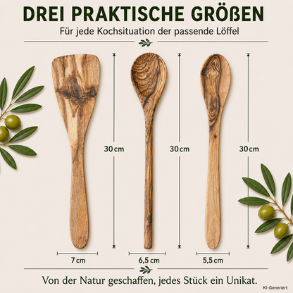 3-piece cooking utensil set: 2 cooking spoons, 1 spatula, olive wood, robust kitchen helpers