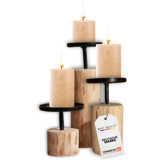 Kerzenständer 3er Set rund Eukalyptusholz & Metall 8-22 cm Stumpenkerzen Deko