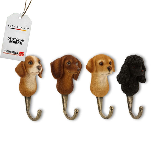 Hundehaken 4tlg Set Hundekopf Dekohaken & Garderobenhaken für Flur, Bad & Küche