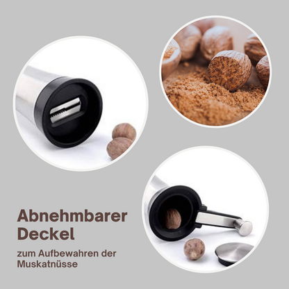 Muskatmühle Edelstahl mit Aufbewahrungsbehälter und einklappbarer Kurbel Muskatnussmühle