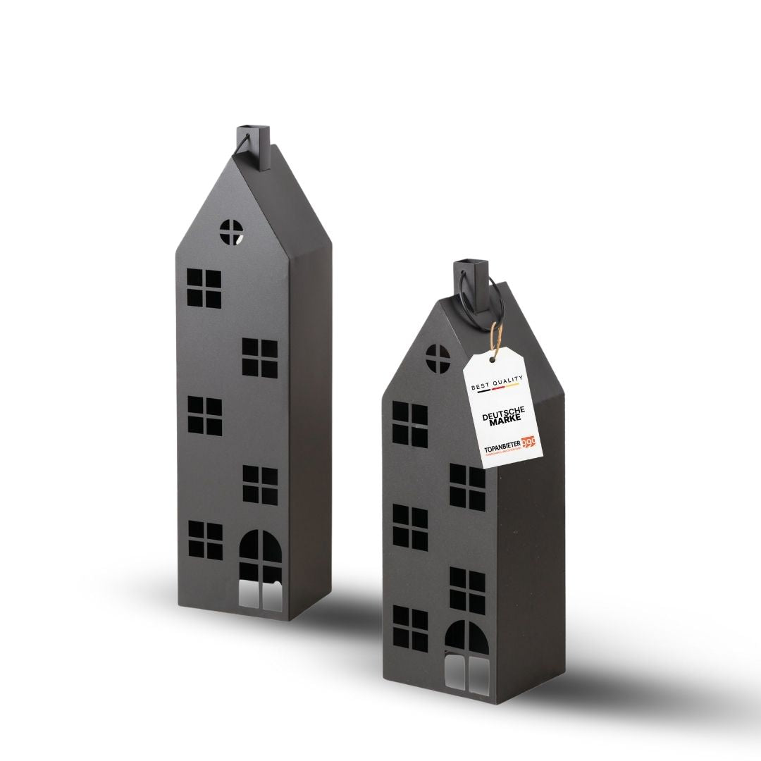 Premium 2er Set Laterne Haus XXL Metall in schwarz H66-96 cm groß/ 2tlg Deko Windlicht mit Henkel- Indoor & Outdoor- Lichtdeko für Kerzen & LED- Lichthaus für Haustür, Terrasse, Garten
