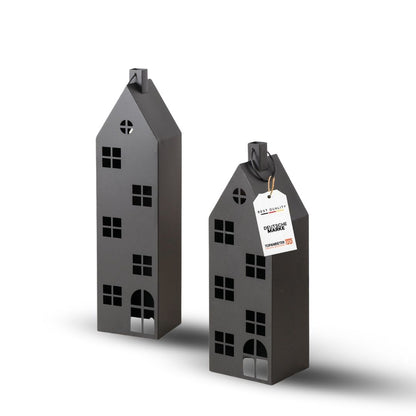 Premium 2er Set Laterne Haus XXL Metall in schwarz H66-96 cm groß/ 2tlg Deko Windlicht mit Henkel- Indoor & Outdoor- Lichtdeko für Kerzen & LED- Lichthaus für Haustür, Terrasse, Garten