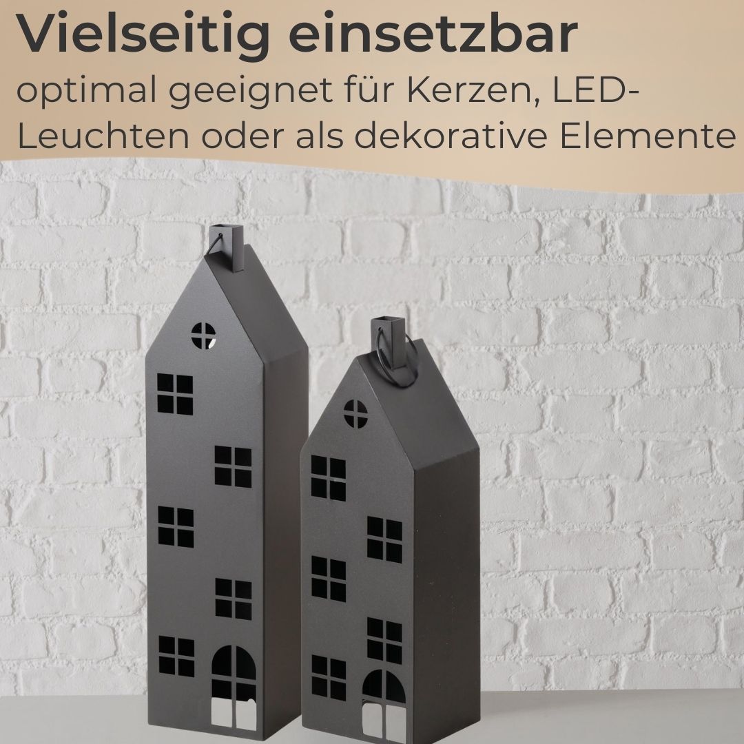 Laterne Haus XXL 2er-Set Dekoaufsteller Metall schwarz Lichthaus groß H66-96 cm