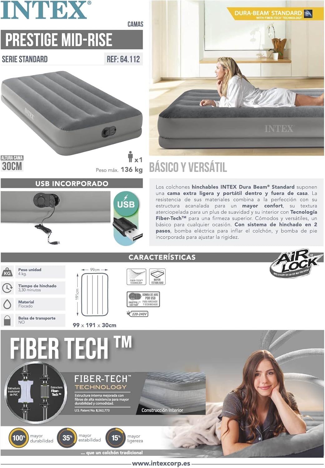 Intex Twin Dura-Beam Prestige Airbed 99x191x30cm with FastFill USB Pump, B-stock