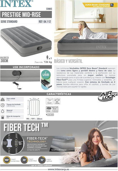 Intex Twin Dura-Beam Prestige Airbed 99x191x30cm with FastFill USB Pump, B-stock